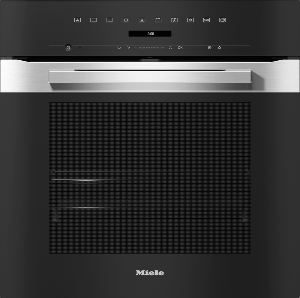 Ein Miele-Ofen mit Digitalanzeige (12:00) und Edelstahlgriff.
