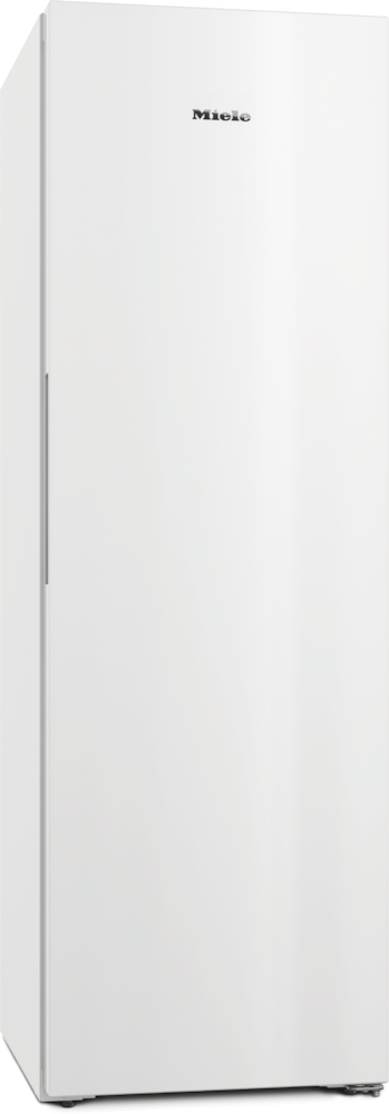 Ein weißer Miele Kühlschrank mit silbernem Griff steht auf schwarzem Hintergrund.