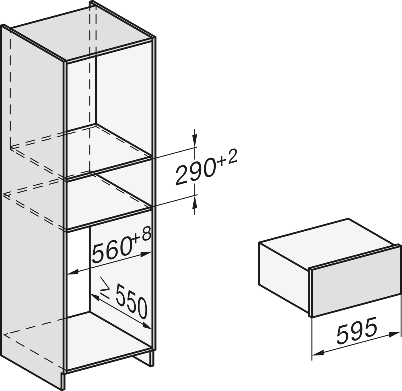 Technische Zeichnung eines Schranks mit Maßen. Ein Einbauschrank und eine separate Box.