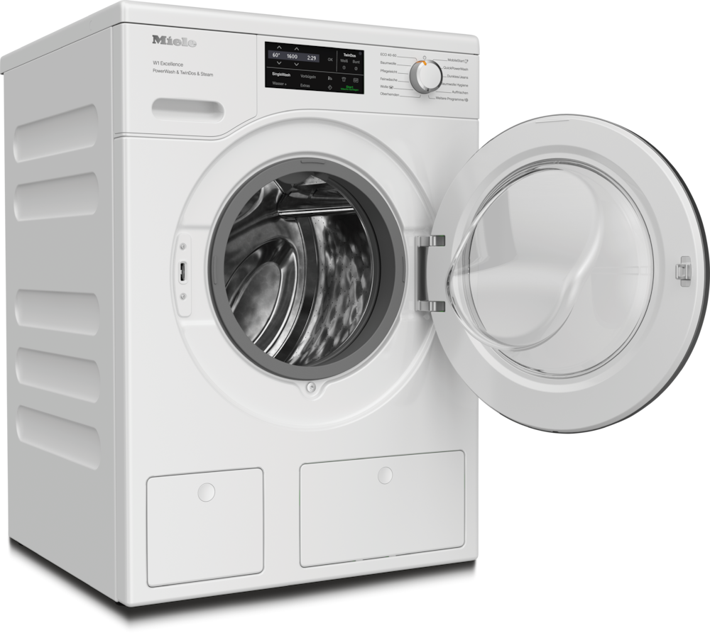 Weiße Miele Waschmaschine mit geöffneter Tür und sichtbarer Trommel.