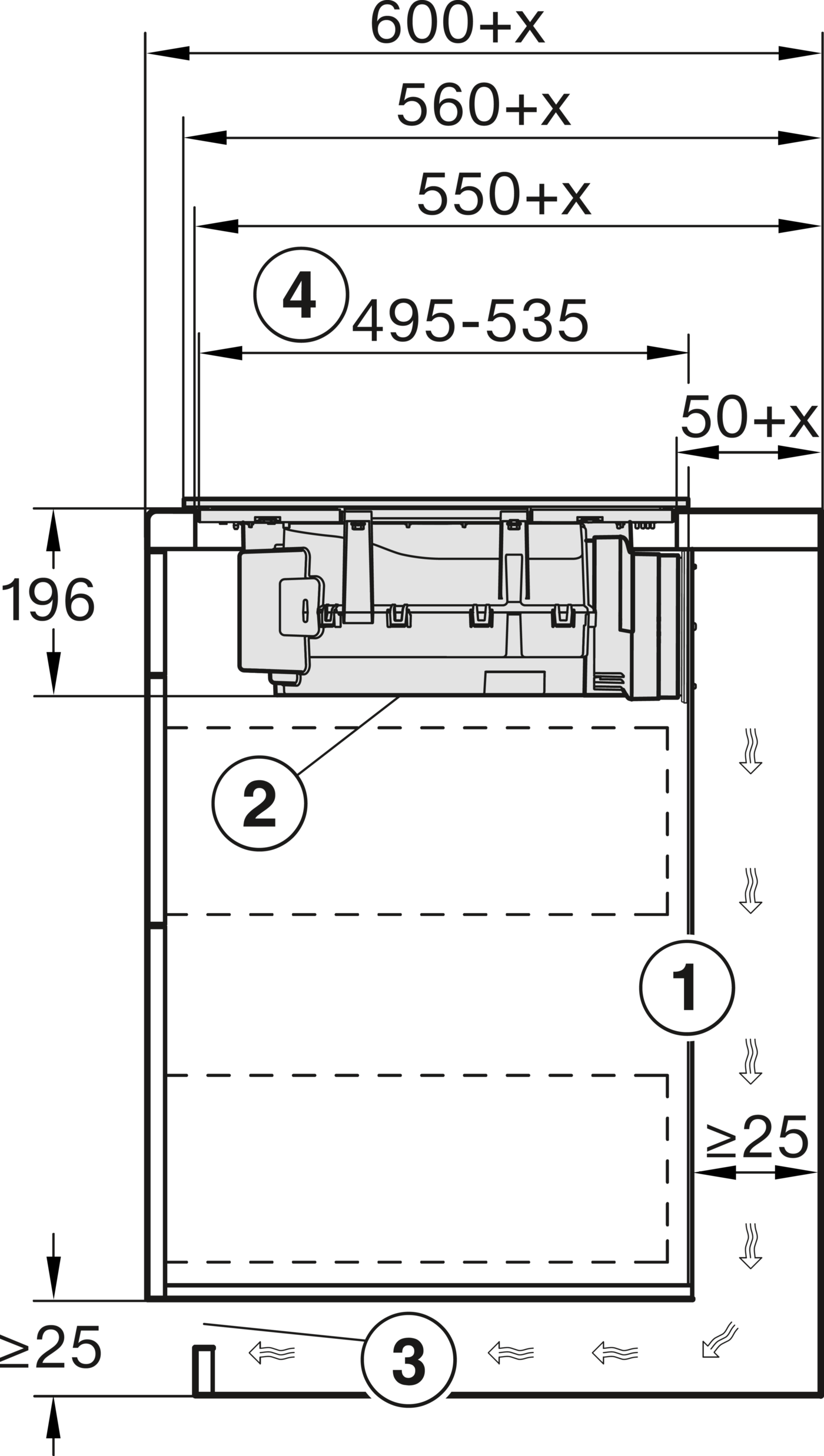 Technische Zeichnung mit Maßen und Bauteilen.