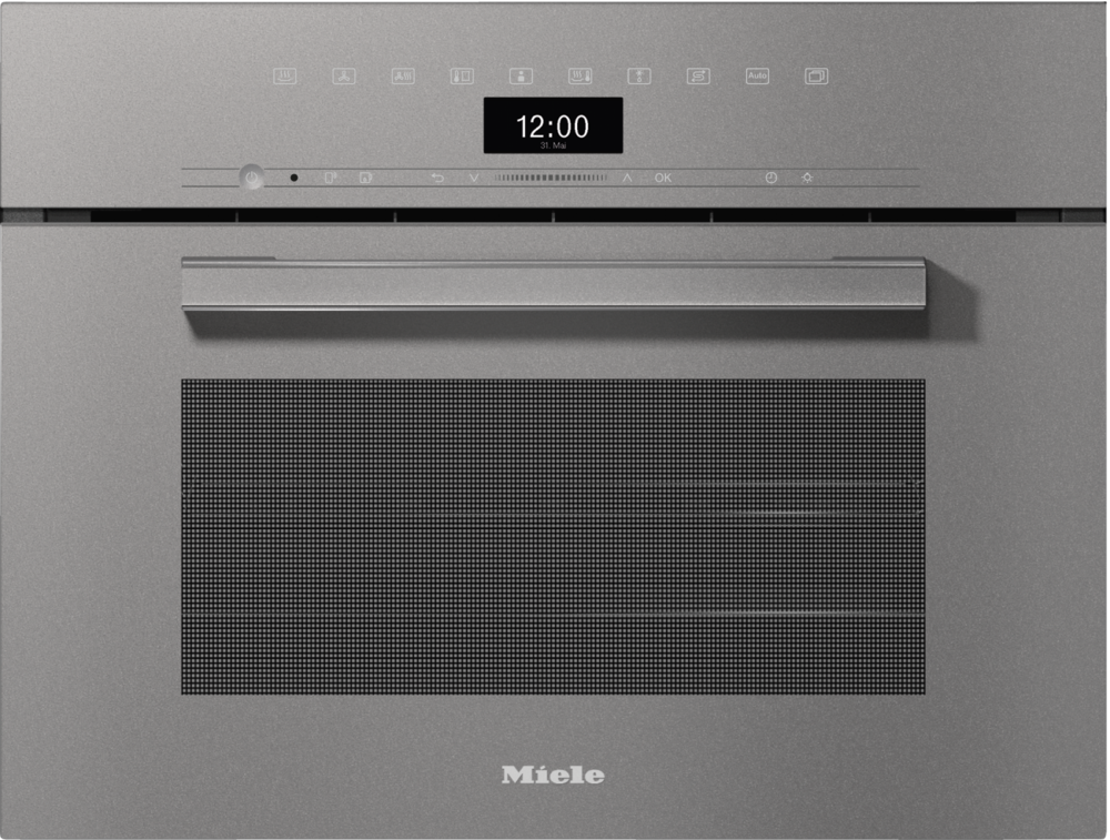 Edelstahl-Dampfgarer mit Touchscreen und Griff. Miele-Logo unten.