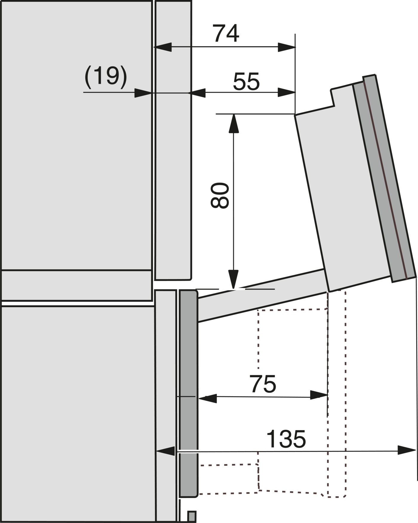 Technische Zeichnung mit Maßen 19, 74, 55, 80, 75, 135.