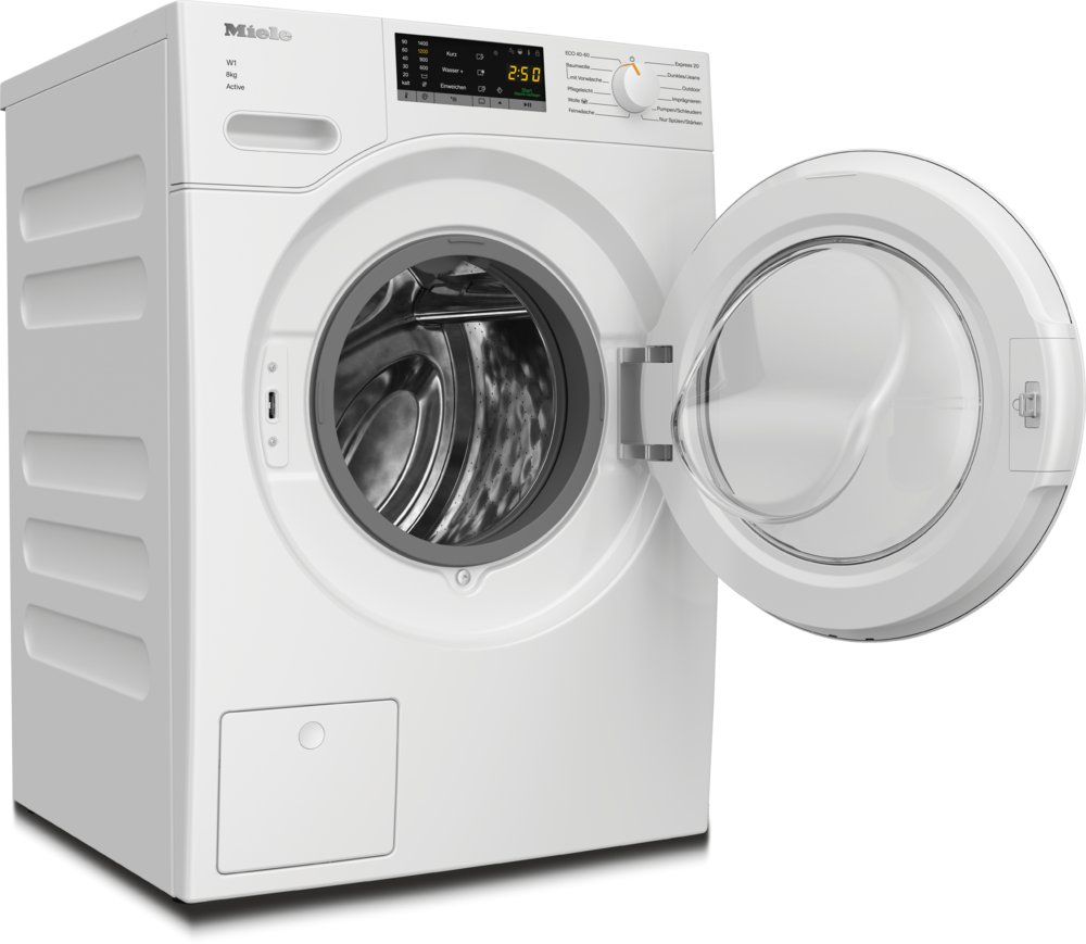 Weiße Miele Waschmaschine mit offener Tür und Display. Trommel sichtbar.