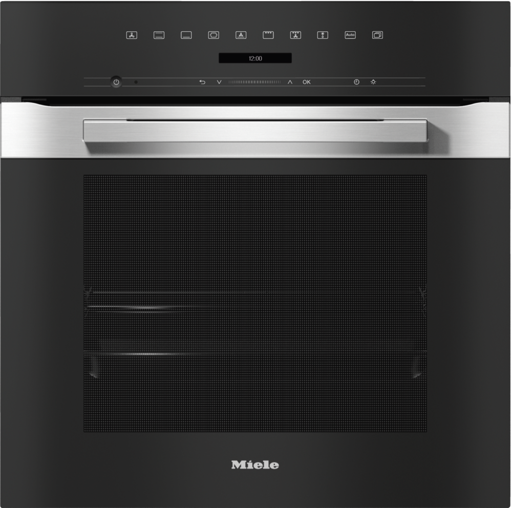 Moderner schwarzer Miele-Ofen mit Touchscreen und Metallgriff.