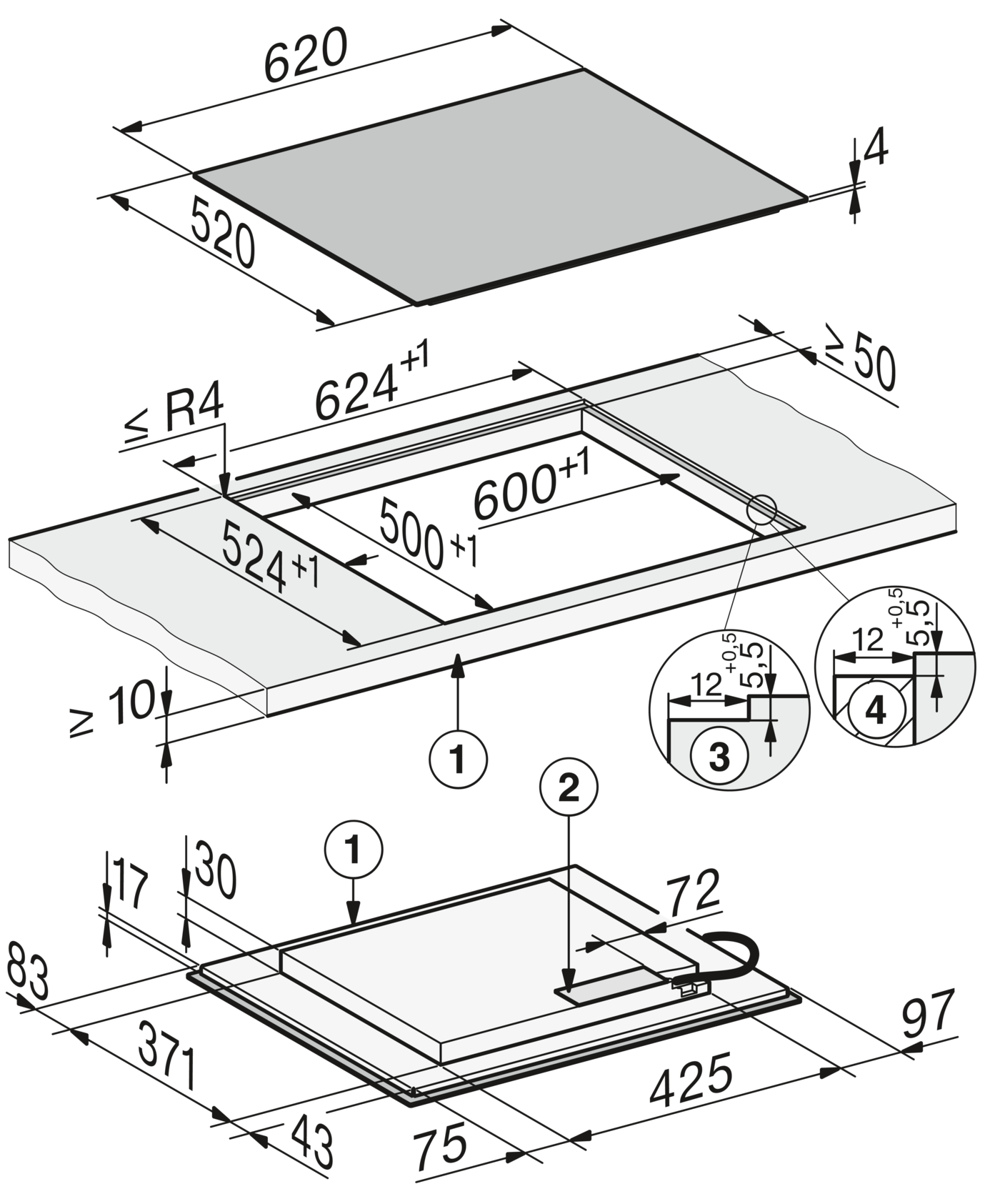 Technische Zeichnung eines Kochfelds mit Maßen und Einbaudetails.