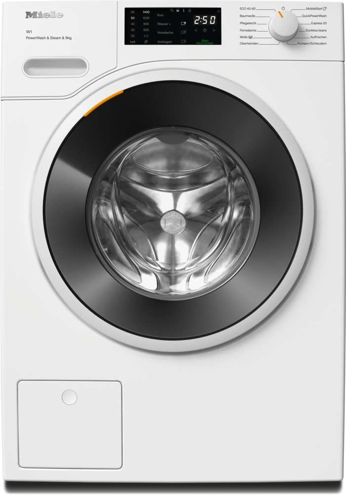 Weiße Miele Waschmaschine mit digitalem Display und runder Tür.