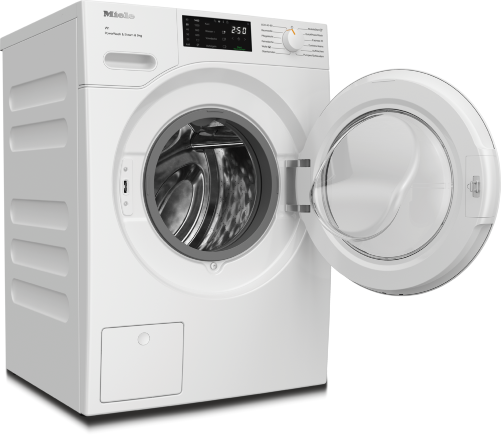 Weiße Miele Waschmaschine mit offener Tür und digitalem Display.