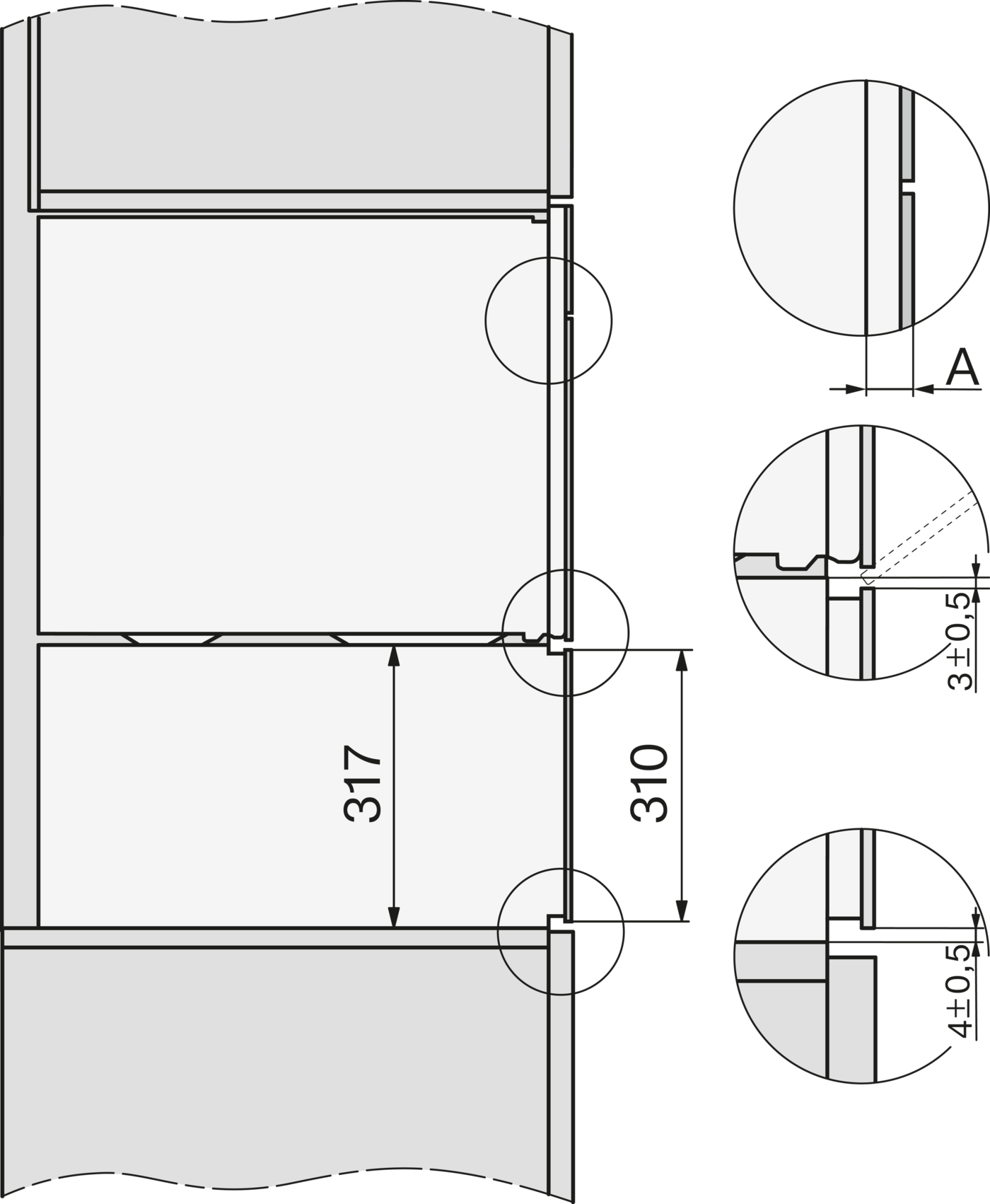 Technische Zeichnung mit Maßen. Zeigt Paneeldetail mit Messungen.
