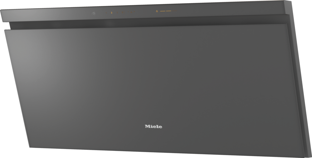 Dunkelgrauer Dunstabzugshaube mit Miele-Logo und Touch-Bedienelementen.