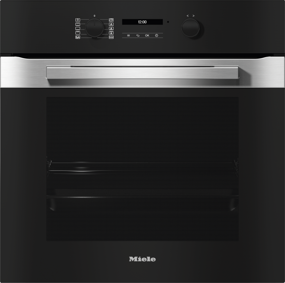 Ein moderner Miele-Ofen mit digitaler Anzeige und Drehradbedienung. Die Tür ist schwarz mit einem Metallgriff.