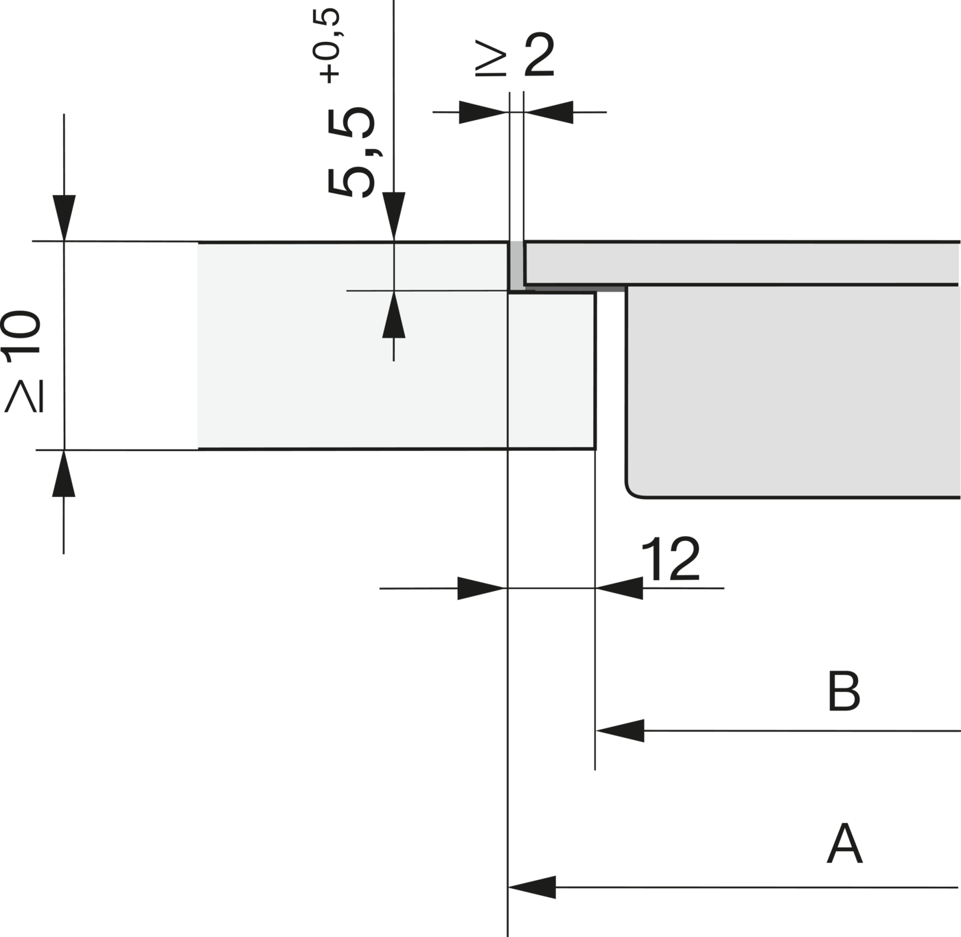 Technische Zeichnung mit Maßen: 5,5 (+0,5), <gt/> 10, <gt/> 2, 12, A, B.