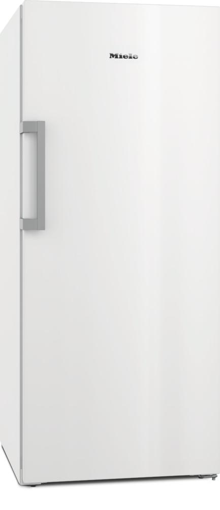 Ein weißer Miele Kühlschrank mit einem silbernen Griff an der linken Seite.