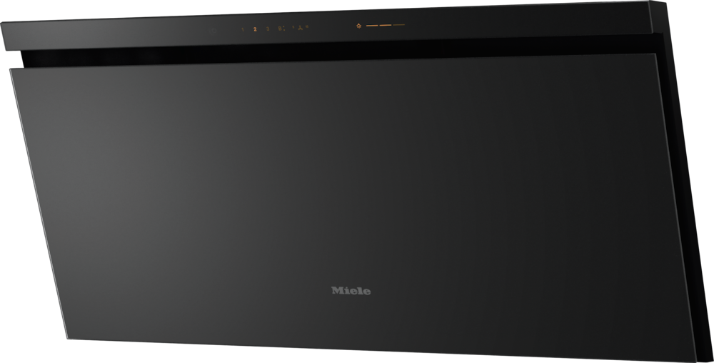 Schwarzer Miele Dunstabzug mit Touch-Bedienfeld und digitaler Anzeige.