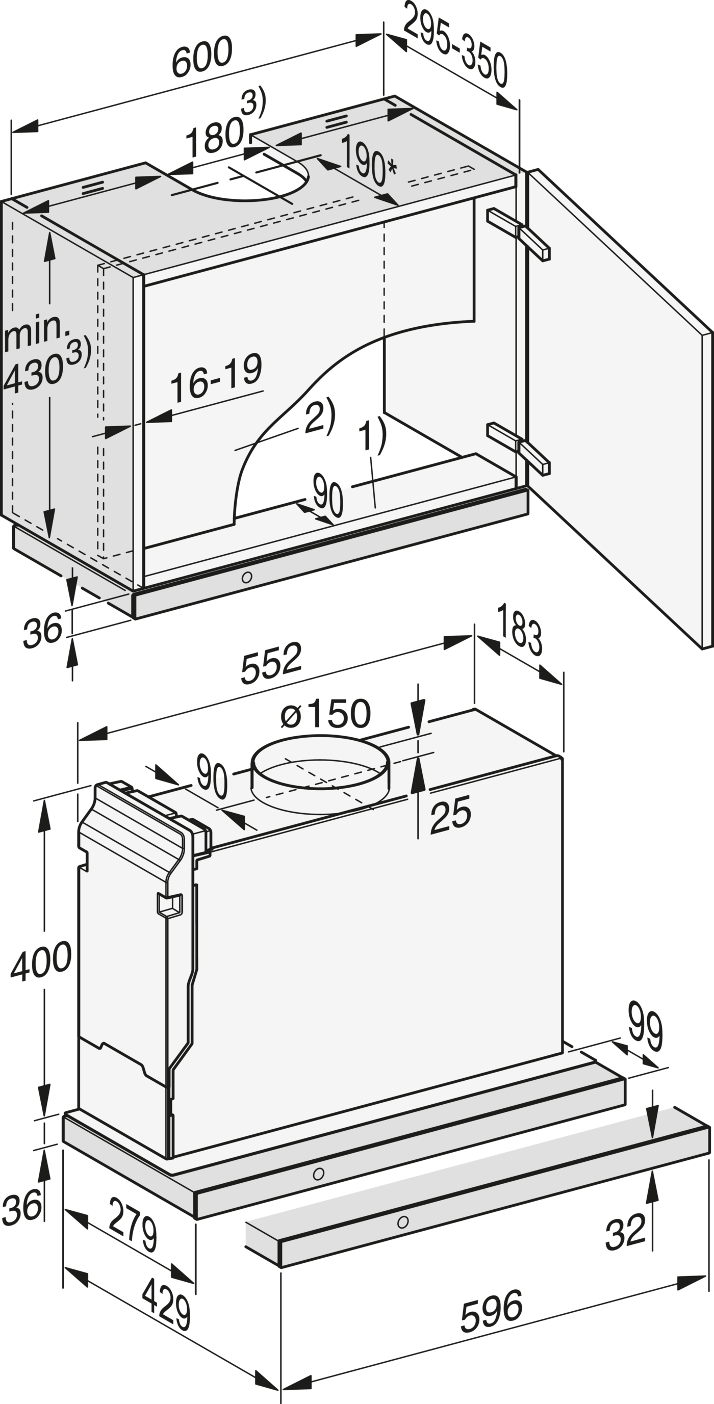 Technische Zeichnung einer Dunstabzugshaube mit Maßen und Details.