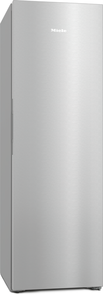 Ein hochformatiger, silberner Miele Kühlschrank mit Griffleiste.