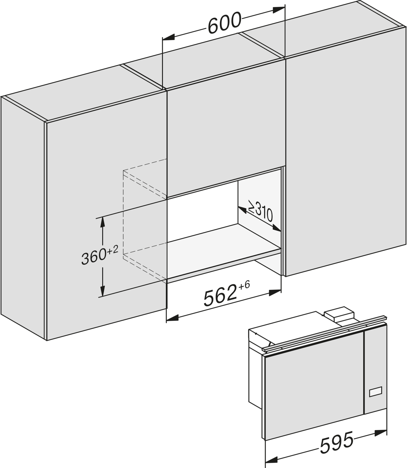 Einbau-Diagramm eines Geräts mit Maßen 600x360x562mm und einem separaten Gerät 595mm breit.