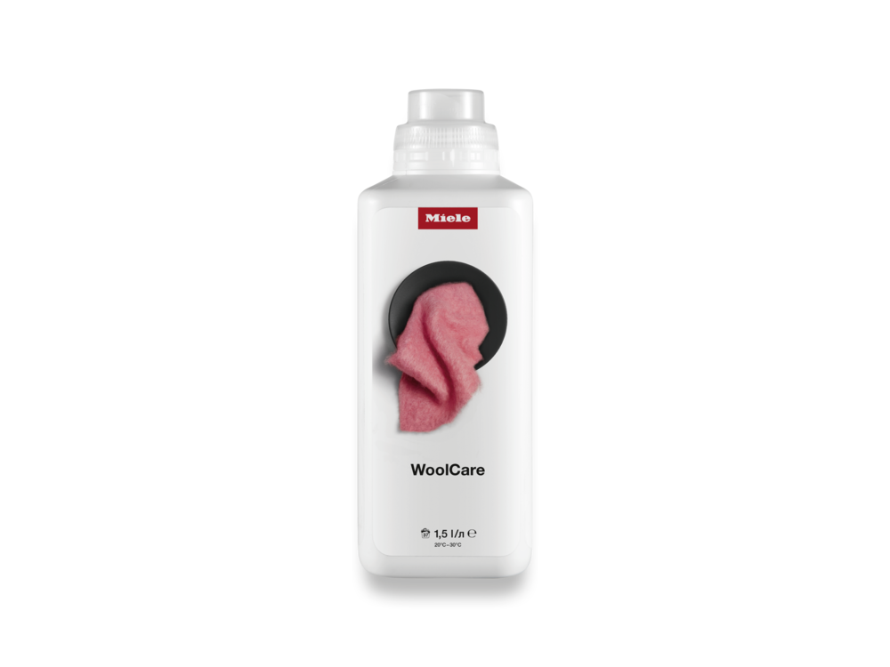 Weiße Flasche Miele WoolCare Waschmittel mit rosa Wolltuch-Symbol.