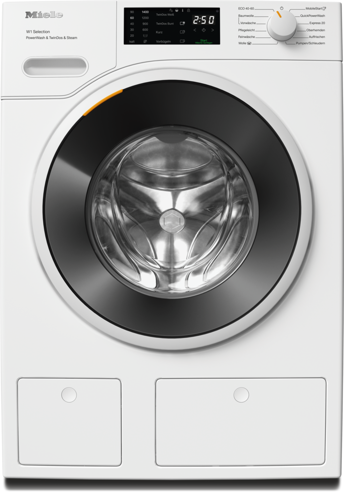 Weiße Miele Waschmaschine mit digitalem Display und Programmwahlknopf.