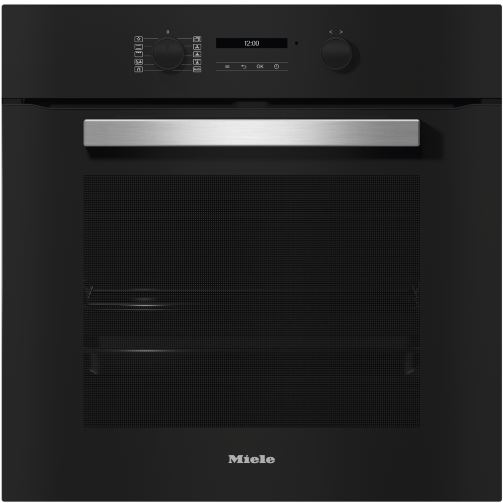Schwarzer Miele Einbauofen mit digitaler Anzeige und silbernem Griff.