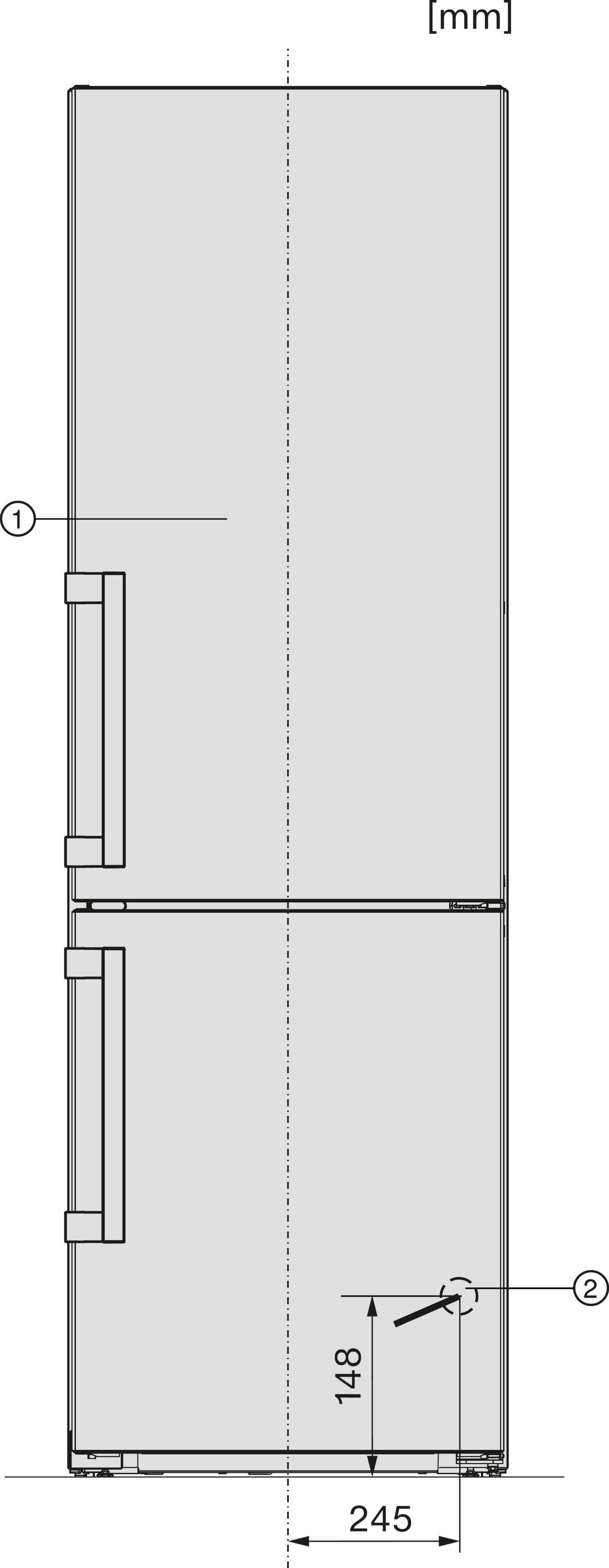 Einbaukühlschrank mit zwei Türen, mit Messungen und Markierungen.
