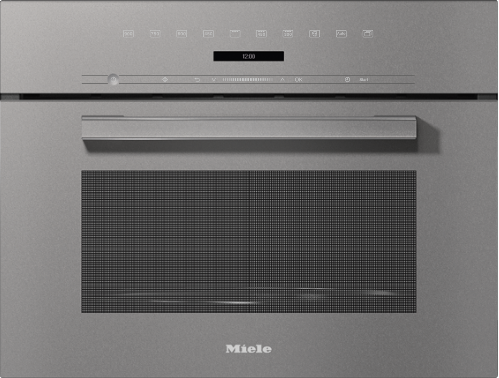 Ein moderner Miele Einbauofen in Anthrazit mit Touchscreen-Bedienfeld und Glastür.