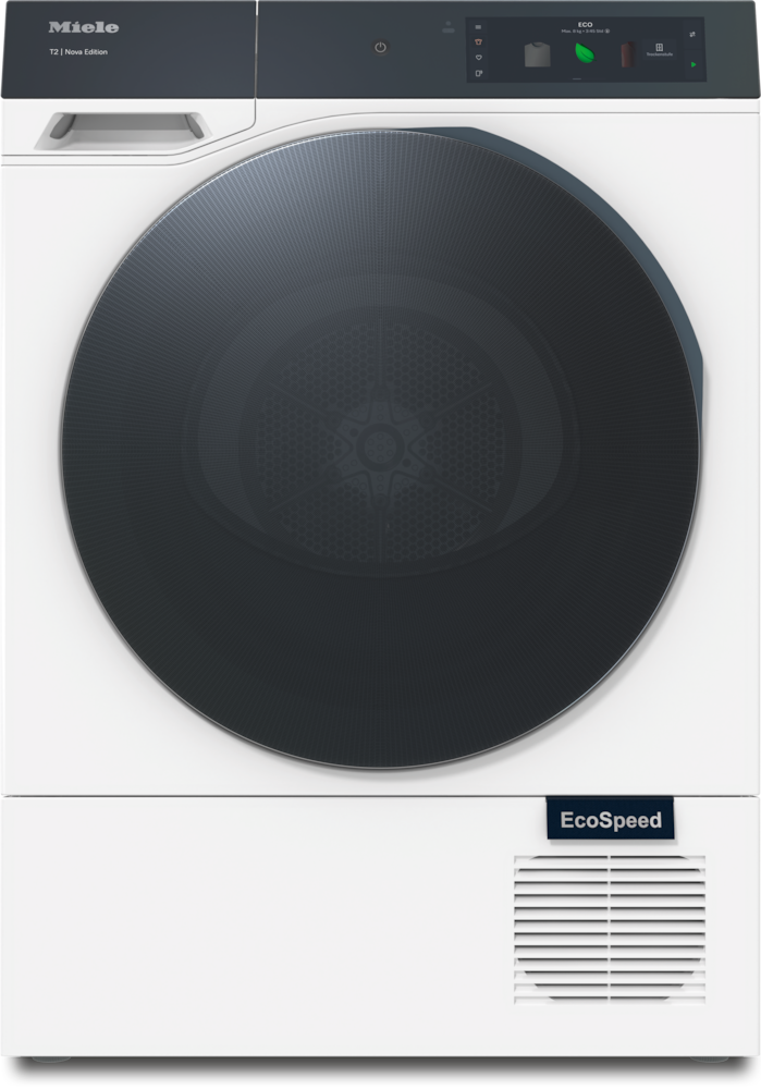 Ein weier Miele Wäschetrockner mit groer, dunkler Tür und Touchscreen-Bedienfeld.