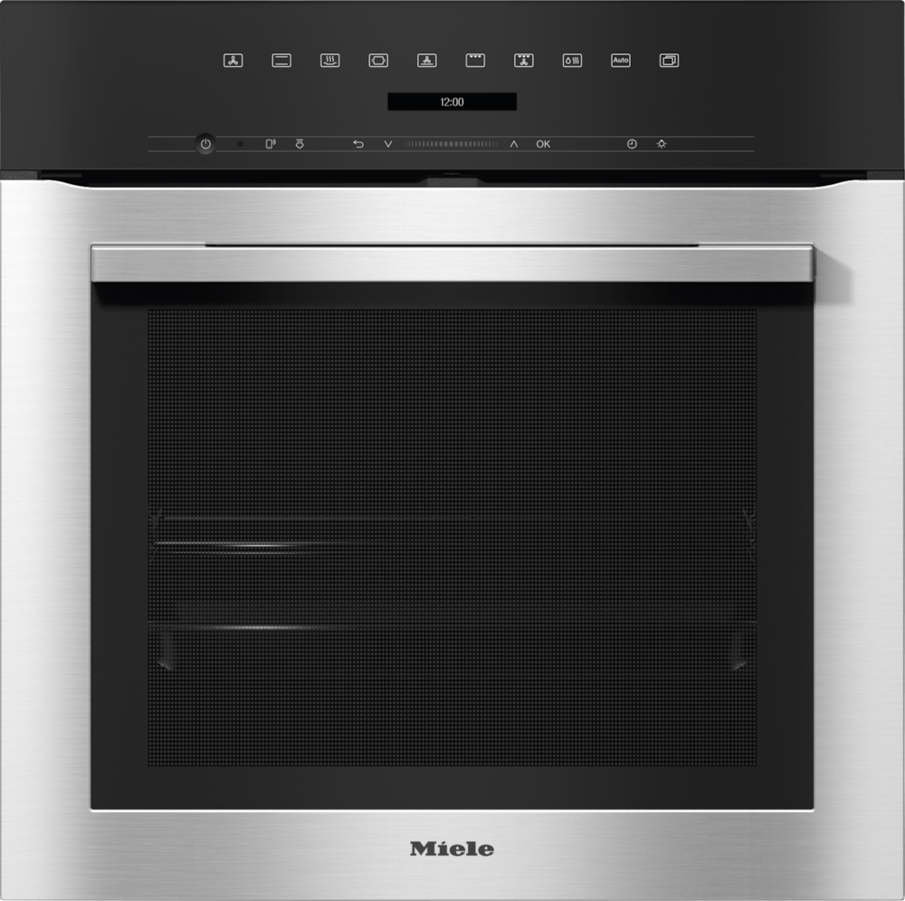 Moderner Miele-Ofen aus gebürstetem Edelstahl mit digitaler Anzeige und Bedienelementen.