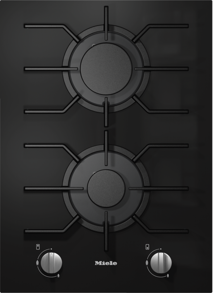 Schwarze Gaskochfeld mit zwei Brennern und Miele-Logo.