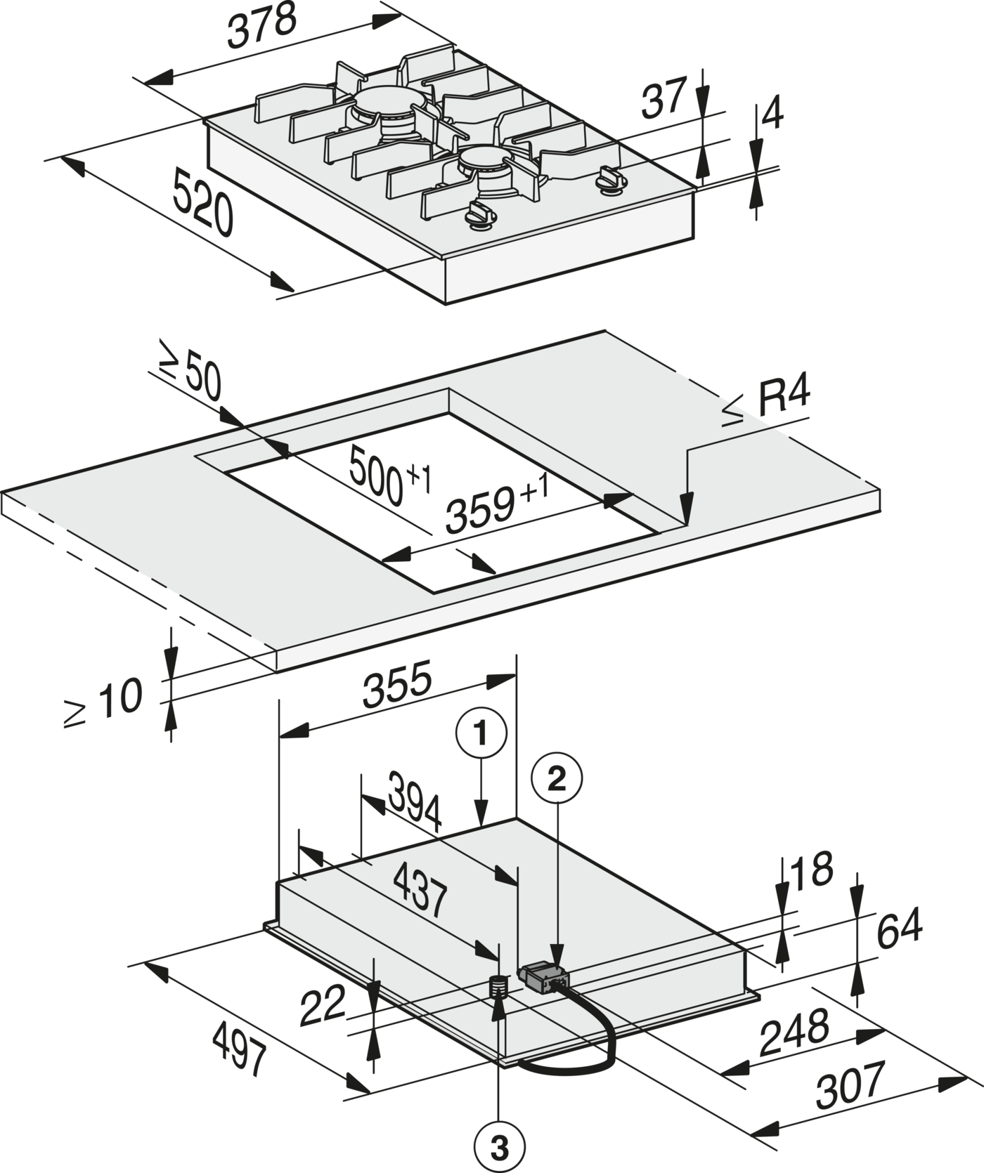 Technische Zeichnung eines Kochfelds mit Maßen und Einbauschema.