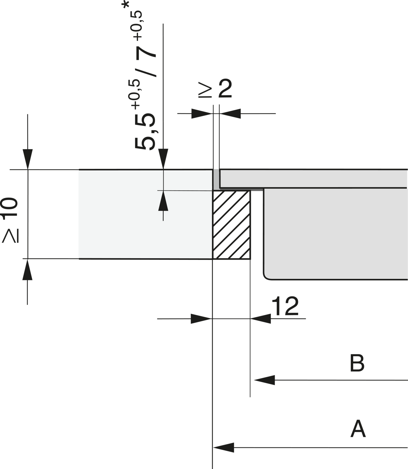 Technische Zeichnung mit Maßen: Dicke ≥ 10, 5,5/7, ≥ 2, 12, A, B.