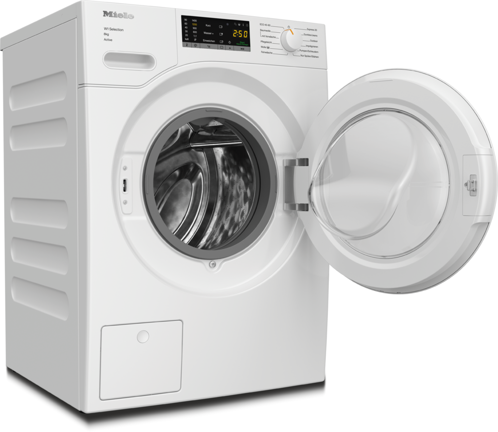 Weiße Miele Waschmaschine mit geöffneter Tür und digitalem Display.