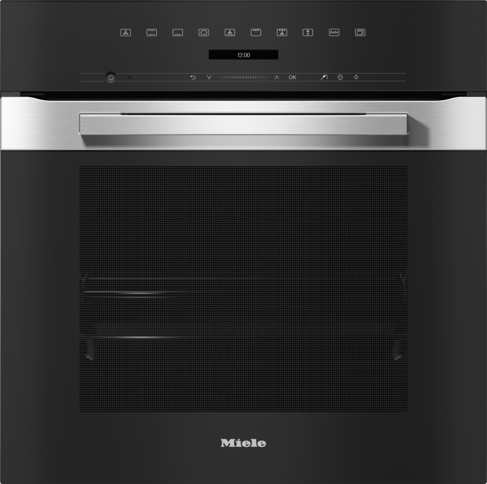 Moderner Miele-Ofen mit schwarzer Front, silbernem Griff und Digitalanzeige.
