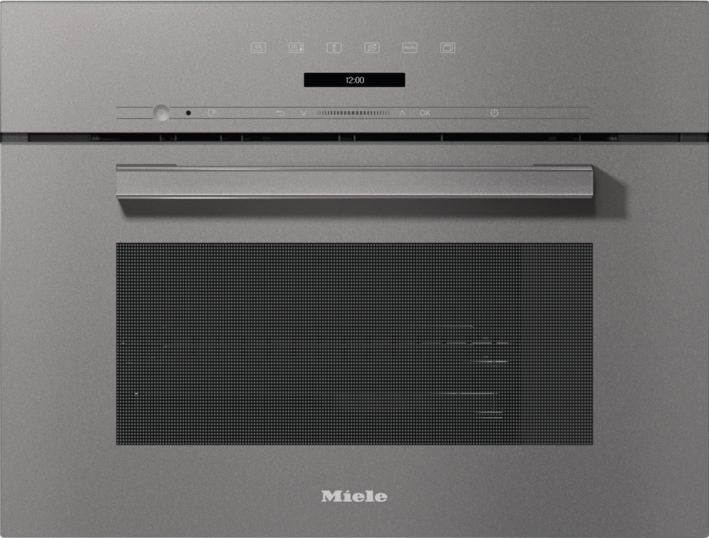 Grauer Miele Einbauofen mit Touchscreen-Bedienfeld und Sichtfenster.
