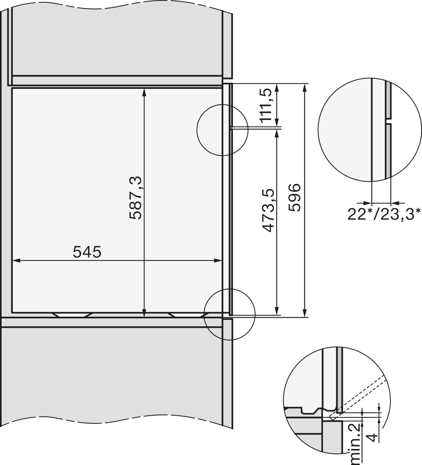 Technische Zeichnung mit Maßen für einen Schrank oder ein Gerät.
