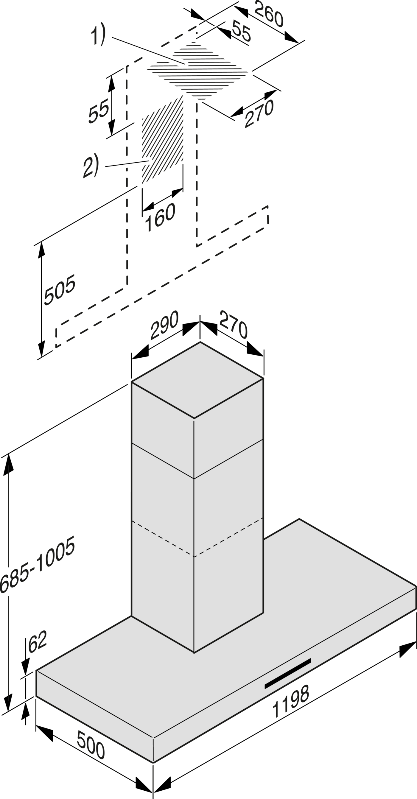 Diagramm einer Dunstabzugshaube mit Maßen.