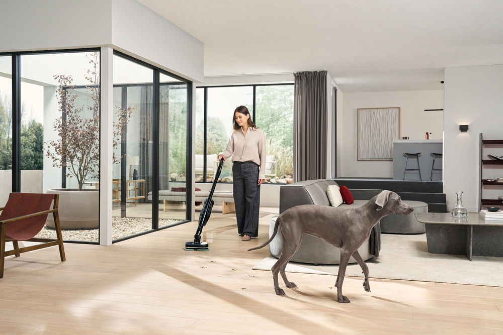 Eine Frau saugt einen Hund im Wohnzimmer mit einem Akkusauger.