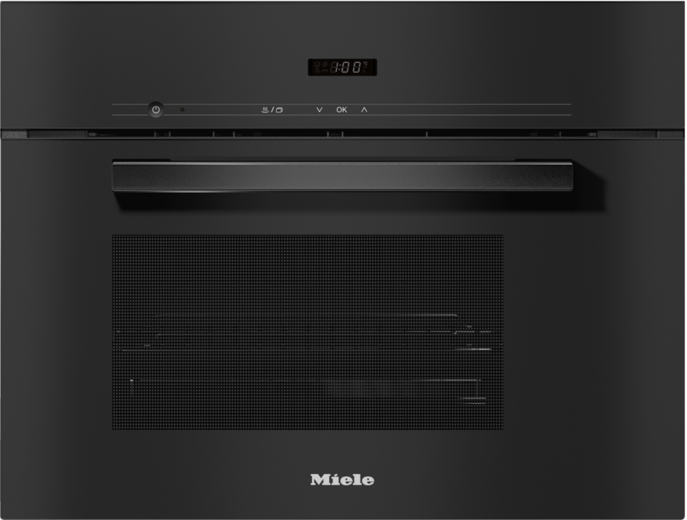 Ein schwarzer Miele Backofen mit digitaler Anzeige und silbernem Griff.