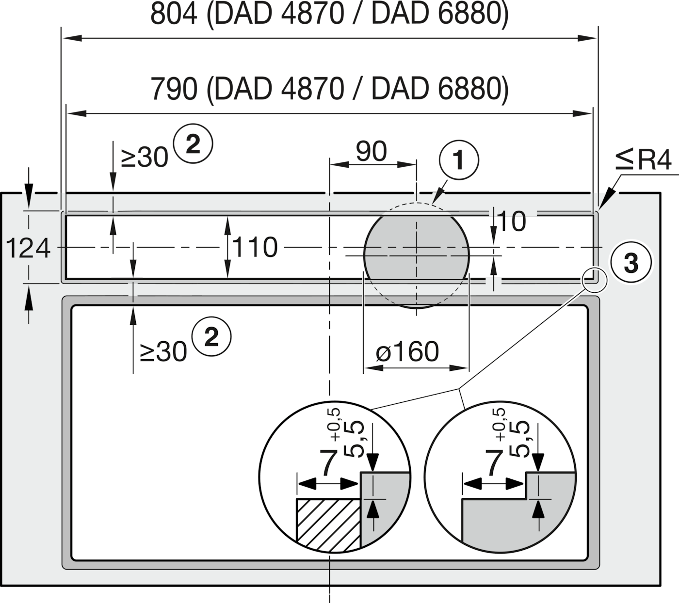 Technische Zeichnung mit Maßen und Symbolen, inkl. Kreis Ø160.