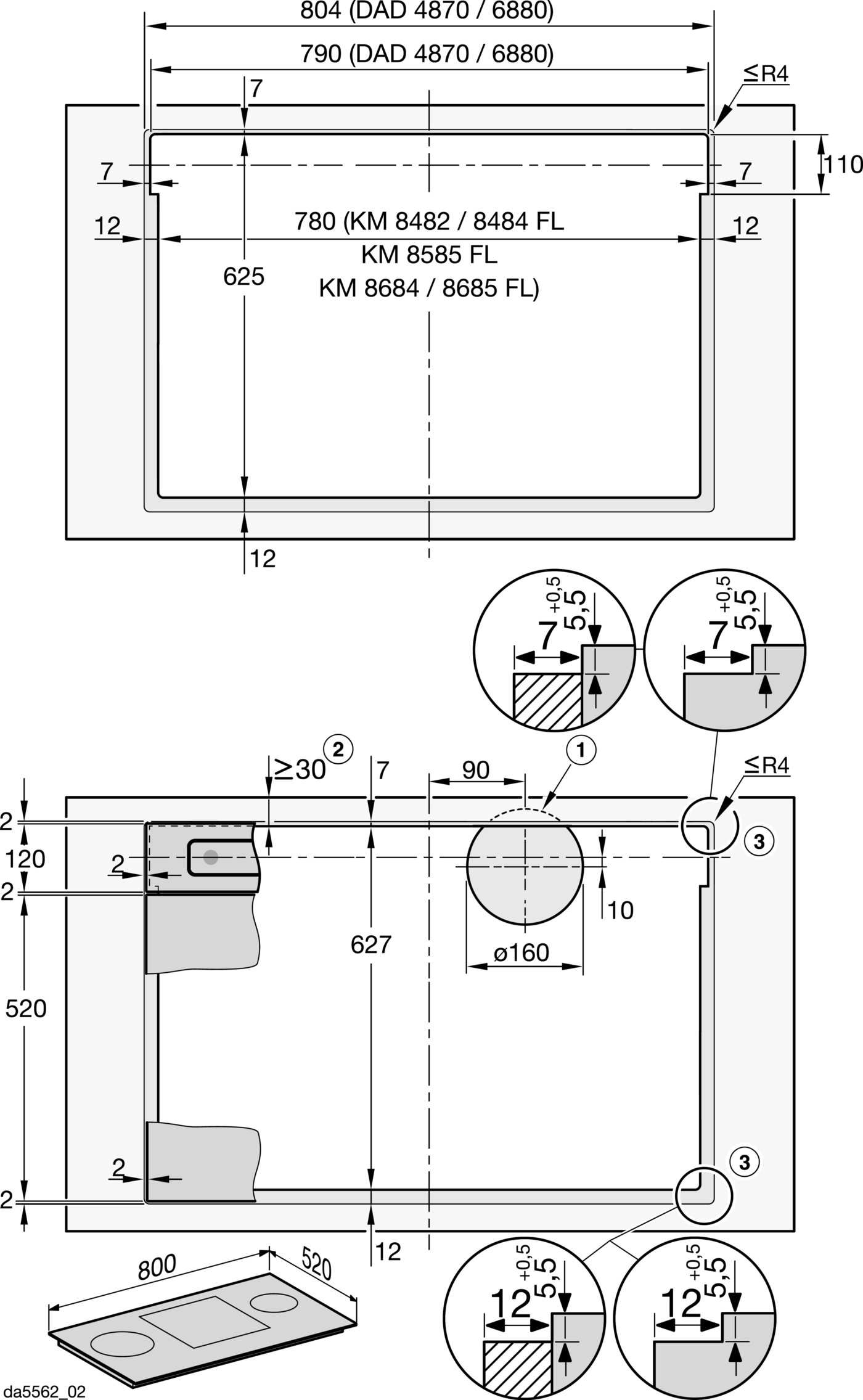 Technische Zeichnung mit Maßen für ein rechteckiges Objekt, 780x625 mm.