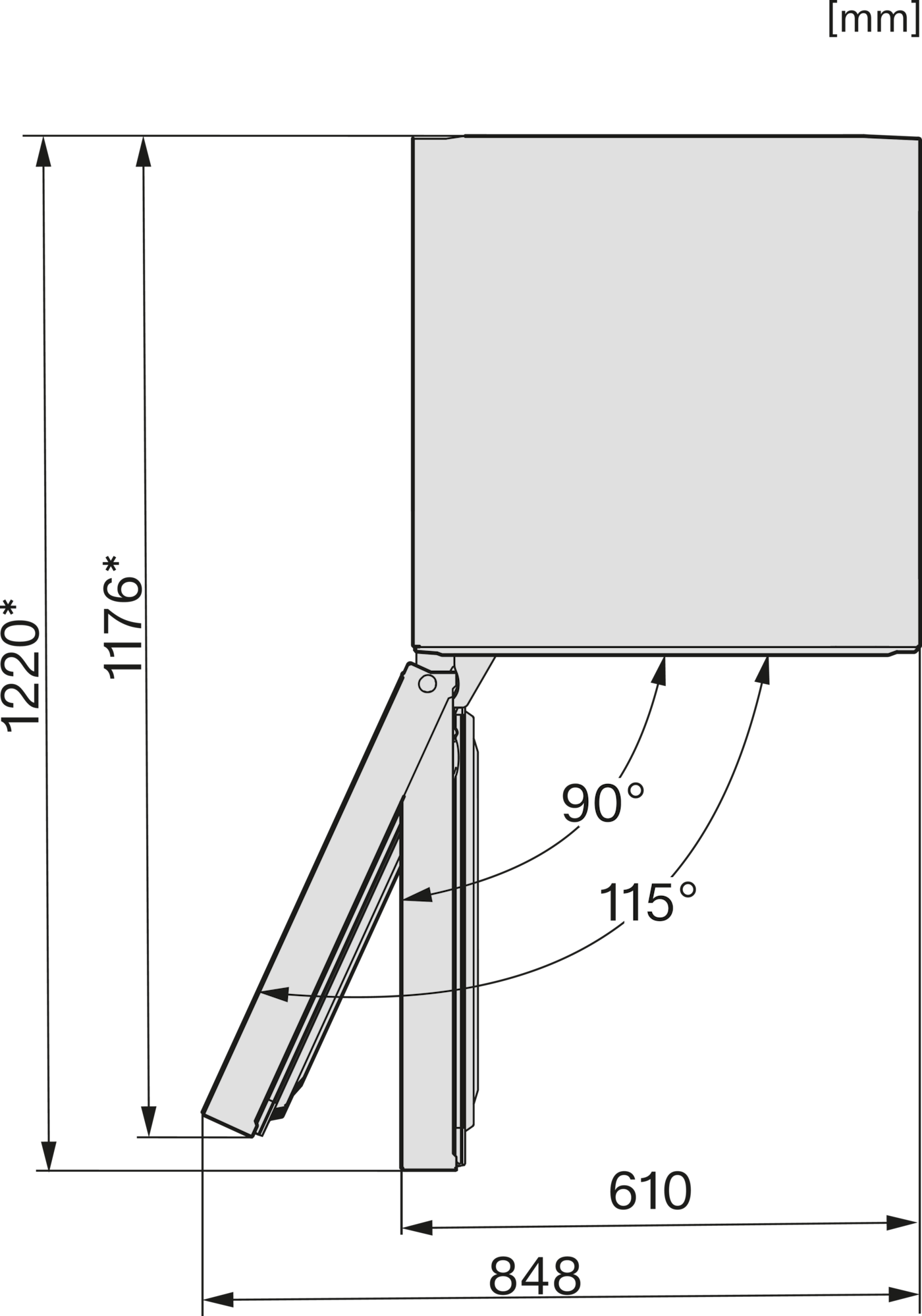 Technische Zeichnung mit Maßen und Winkeln für ein ausklappbares Element.