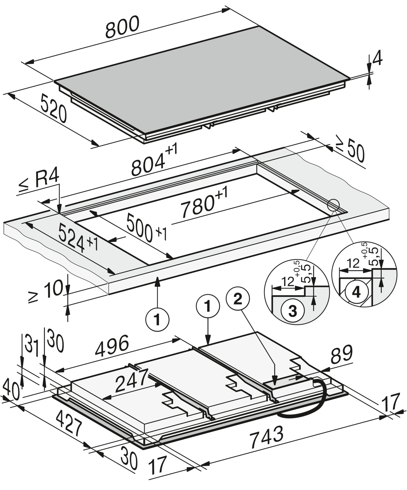 Technische Zeichnung eines Kochfeldes mit Maßen und Details.