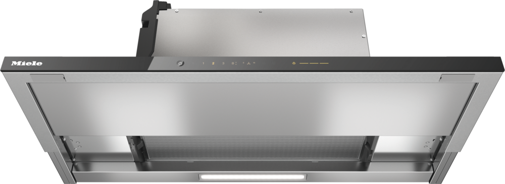 Eine Miele Dunstabzugshaube aus Edelstahl mit Touch-Bedienfeld und Beleuchtung.