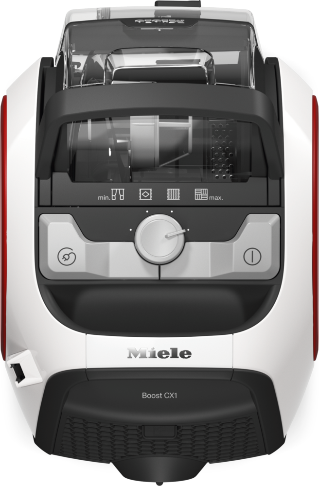 Ein weißer und schwarzer Miele Boost CX1 Staubsauger mit transparentem Staubbehälter.