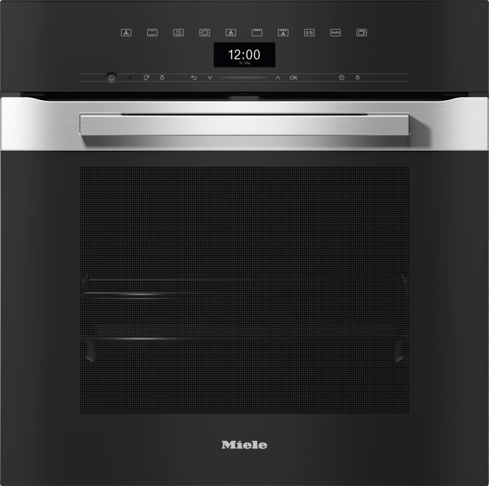 Moderner Miele-Ofen mit digitaler Anzeige und Edelstahlgriff. Schwarze Tür mit Gitter.