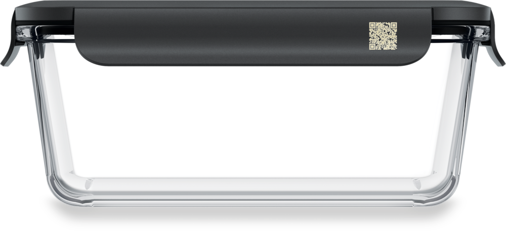 Eine rechteckige Glasbox mit schwarzem Deckel und QR-Code.
