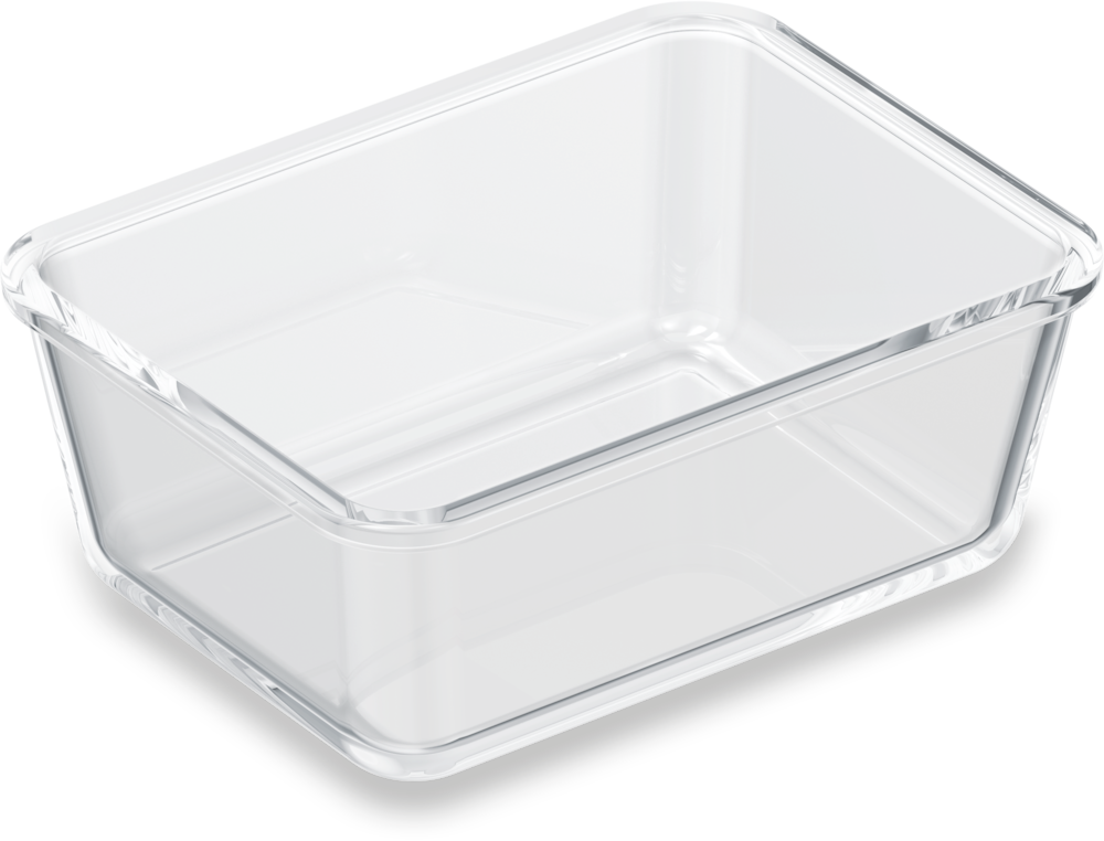 Eine leere, rechteckige Glasaufbewahrungsbox mit abgerundeten Ecken.