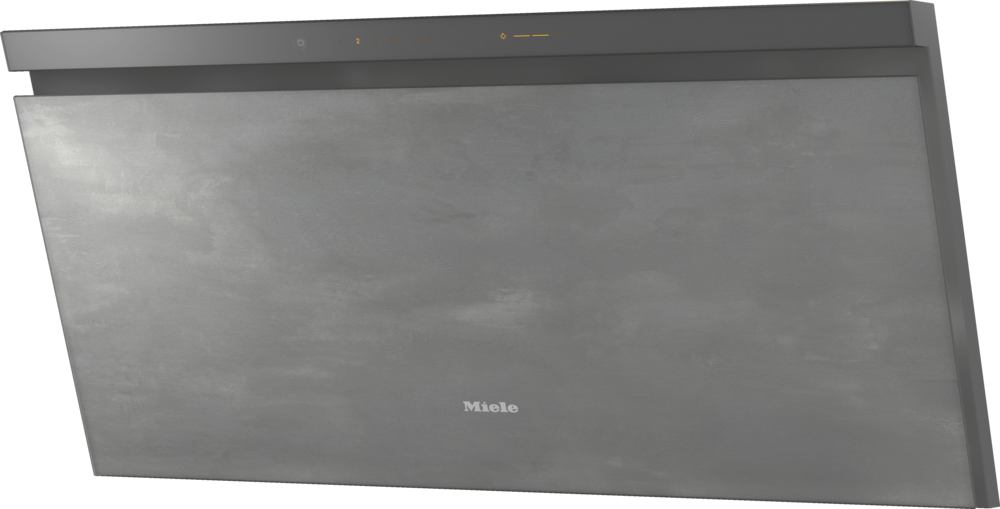 Grauer Dunstabzug mit Miele-Logo und Touch-Bedienelementen oben.