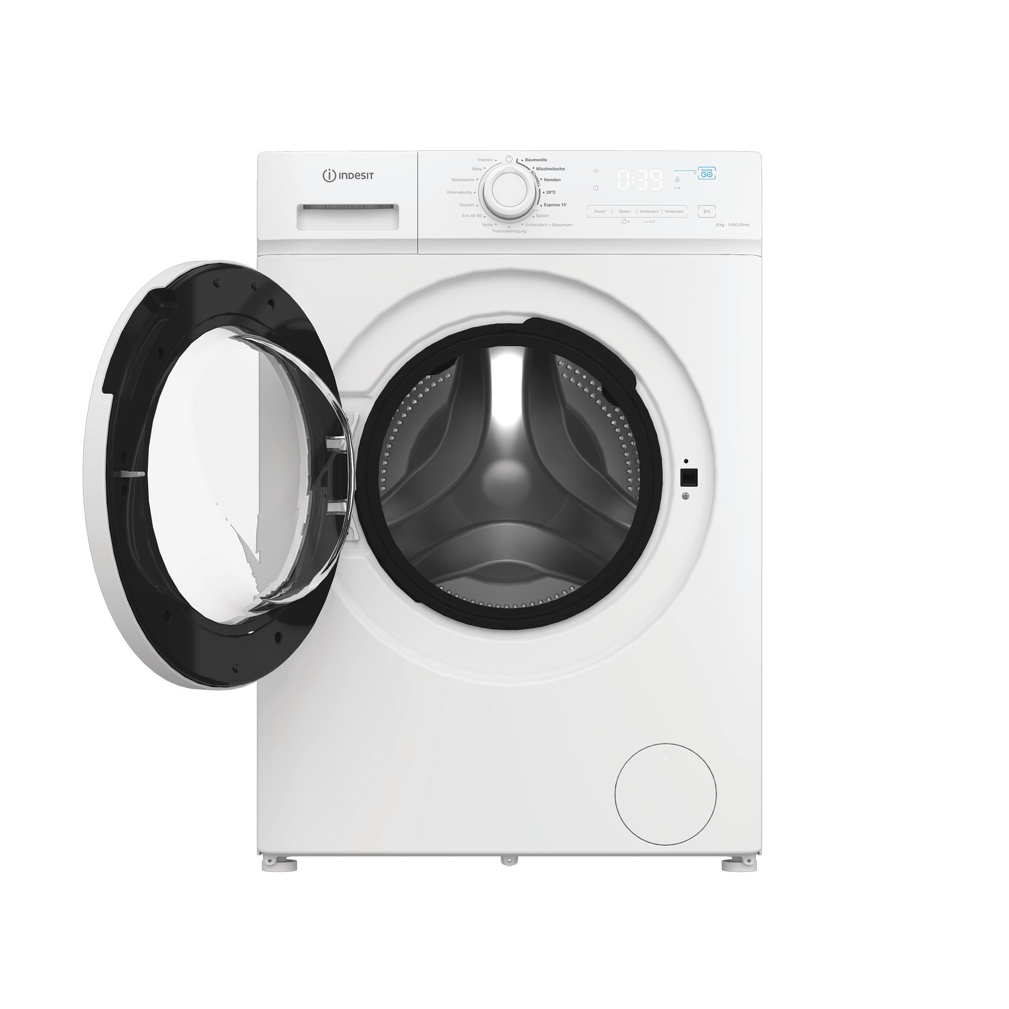 Eine weiße Indesit Waschmaschine mit geöffneter Tür und sichtbarer Trommel.