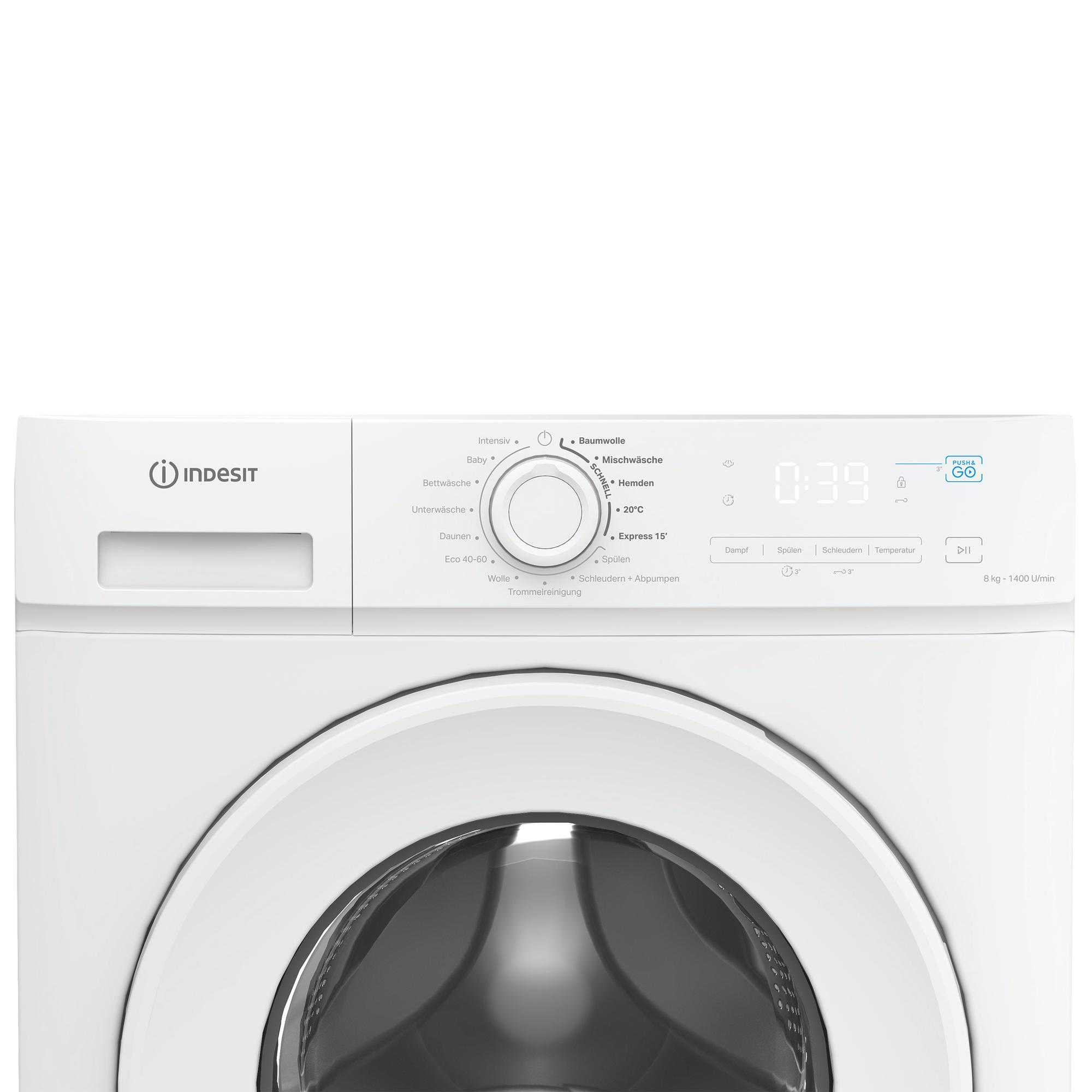 Weiße Waschmaschine von Indesit mit digitaler Anzeige und Programmauswahl.